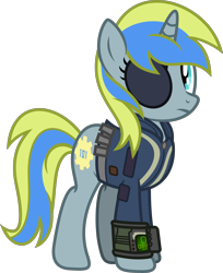 Size: 3264x4001 | Tagged: safe, artist:fuzzybrushy, derpibooru import, oc, oc:vaulty, pony, unicorn, clothes, eyepatch, fallout, pipbuck, simple background, transparent background, vault suit, vector