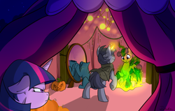 Size: 1024x652 | Tagged: safe, artist:rutkotka, derpibooru import, twilight sparkle, headless horse, pony, unicorn, angry, clothes, costume, funny, halloween, halloween costume, headless, holiday, magic, night, spell, tent