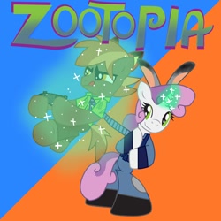 Size: 894x894 | Tagged: safe, artist:ejlightning007arts, derpibooru import, button mash, sweetie belle, bunny ears, controller, crossover, female, fox ears, judy hopps, magic, male, nick wilde, shipping, shipping fuel, straight, sweetiemash, zootopia