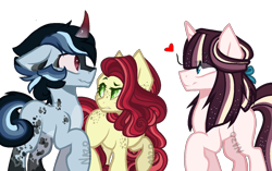 Size: 1280x802 | Tagged: safe, artist:owl-clockwork, derpibooru import, oc, oc only, oc:northern star, earth pony, pony, unicorn, base used, coat markings, colored sclera, crack ship offspring, curved horn, female, floating heart, floppy ears, gay, heart, male, mare, oc x oc, offspring, offspring shipping, parent:cherry jubilee, parent:flam, parent:flash sentry, parent:king sombra, parent:trixie, parent:twilight sparkle, parents:cherryflam, parents:flashlight, parents:trixbra, raised hoof, shipping, simple background, stallion, transparent background