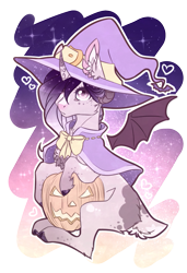 Size: 641x935 | Tagged: safe, artist:lunawolf28, derpibooru import, oc, oc:jelena toprek, alicorn, bat pony, bat pony alicorn, pony, deer tail, female, halloween, hat, holiday, jack-o-lantern, mare, pumpkin, solo, witch hat