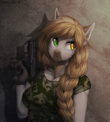 Size: 1086x1200 | Tagged: safe, artist:margony, derpibooru import, oc, oc only, anthro, fallout equestria, braid, breasts, clothes, commission, digital art, ear fluff, female, gloves, gun, heterochromia, serious, serious face, sexy, signature, solo, weapon