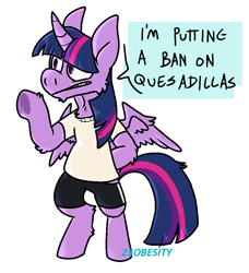 Size: 864x947 | Tagged: safe, artist:pony-puke, derpibooru import, twilight sparkle, twilight sparkle (alicorn), alicorn, pony, semi-anthro, clothes, female, mare, shirt, shorts, simple background, solo, t-shirt, they're just so cheesy, turophobia, underhoof, white background