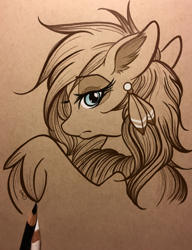 Size: 2932x3811 | Tagged: safe, artist:emberslament, derpibooru import, oc, oc only, hybrid, chest fluff, colored pencil drawing, colored pencils, ear fluff, female, looking at you, looking back, looking back at you, mare, photo, simple background, sketch, solo, traditional art, unnamed oc