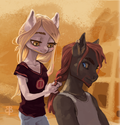 Size: 834x868 | Tagged: safe, artist:brazhnik, derpibooru import, oc, oc only, anthro, backlighting, beard, blushing, braid, braiding, clothes, duo, ear piercing, earring, facial hair, female, food, hair, jeans, jewelry, long hair, looking at something, looking back, male, mane, pants, piercing, shirt, t-shirt, vest, wheat