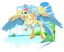Size: 1414x1165 | Tagged: safe, artist:rossignolet, derpibooru import, princess skystar, classical hippogriff, hippogriff, my little pony: the movie, beach, chest fluff, colored wings, colored wingtips, feathered fetlocks, flower, flower in hair, flying, jungle, ocean, shell necklace, solo, spread wings, wings