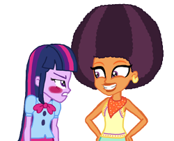 Size: 2000x1627 | Tagged: safe, artist:bigpurplemuppet99, derpibooru import, saffron masala, twilight sparkle, equestria girls, afro, base used, blushing, equestria girls-ified, female, lesbian, shipping, twiffron