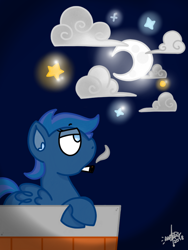 Size: 720x960 | Tagged: safe, artist:mranderzun, derpibooru import, oc, pegasus, pony, blue, female, mare, moon, night, smoke, sparkles, stars