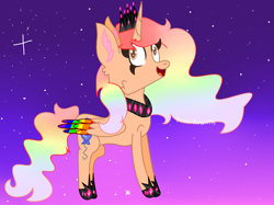 Size: 1762x1320 | Tagged: safe, artist:mlpfan2017, derpibooru import, oc, oc only, oc:princess rainbow party, alicorn, pony, clothes, colored wings, crown, gradient background, happy, horse shoes, long mane, long tail, looking up, multicolored wings, peytral, rainbow hair, rainbow wings, regalia, shoes, simple background, solo