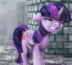 Size: 2100x1900 | Tagged: safe, artist:candyclumsy, derpibooru import, twilight sparkle, twilight sparkle (alicorn), alicorn, pony, crying, female, floppy ears, mare, rain, sad, solo, wet