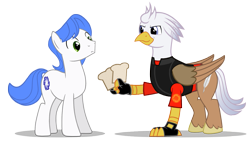 Size: 1191x670 | Tagged: safe, artist:lister-of-smeg, derpibooru import, oc, oc:cosmo logic, oc:silver quill, classical hippogriff, earth pony, hippogriff, pony, bread, duo, food, heavy, male, simple background, stallion, team fortress 2, toast, transparent background