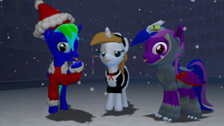 Size: 1280x720 | Tagged: safe, artist:sevenxninja, derpibooru import, oc, oc only, oc:lavender twirl, oc:love biscuit, oc:lydia dieselsteam, alicorn, bat pony, pony, unicorn, 3d, animal costume, bat pony oc, christmas, clothes, costume, gmod, hat, holiday, maid, santa hat, snow, snowfall, tongue out, winter, wolf costume