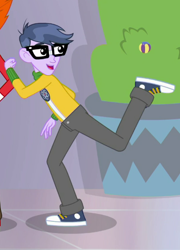 Size: 402x558 | Tagged: safe, derpibooru import, screencap, heath burns, microchips, a fine line, better together, equestria girls, clothes, converse, cropped, glasses, leg in air, male, pants, shoes, smiling, sneakers, solo focus