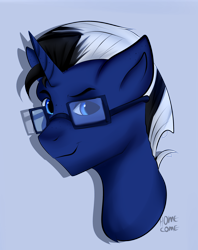 Size: 2294x2894 | Tagged: safe, artist:homecome, derpibooru import, oc, oc only, oc:shabaco, pony, unicorn, bust, glasses, looking at you, male, simple background, solo