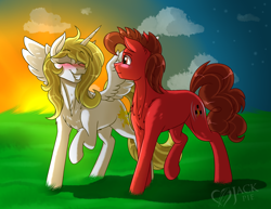 Size: 3500x2700 | Tagged: safe, artist:jack-pie, derpibooru import, oc, oc only, alicorn, pony, alicorn oc, eyes closed, female, grin, male, mare, smiling, stallion, sunset