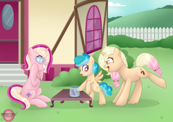 Size: 5069x3559 | Tagged: safe, artist:raspberrystudios, derpibooru import, oc, oc only, oc:doodlebug, butterfly, pegasus, pony, unicorn, adopted offspring, cutie mark, female, fence, filly, grass, hill, house, mother and child, mother and daughter, parent and child, patreon, patreon reward, ponyville, table