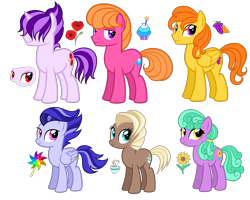 Size: 3600x2880 | Tagged: safe, artist:thecheeseburger, derpibooru import, oc, oc:pinwheel, earth pony, pegasus, pony, coffee, cupcake, cute, cutie mark, female, flower, food, grapes, group, male, mare, orange, orange hair, pinwheel (toy), poppy, simple background, smiling, stallion, sunflower, transparent background