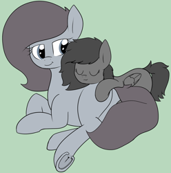 Size: 1280x1288 | Tagged: safe, artist:axlearts, derpibooru import, oc, oc only, oc:charcoal, oc:delpone, earth pony, pegasus, pony, cute, duo, duo female, earth pony oc, eyes closed, female, green background, mare, pegasus oc, pony pillow, prone, simple background, sleeping, smiling, underhoof, wings