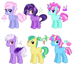 Size: 3528x3240 | Tagged: safe, artist:thecheeseburger, derpibooru import, oc, bat pony, earth pony, pegasus, pony, unicorn, bat pony oc, cotton candy, cutie mark, female, group, male, mare, moon, palm tree, pink hair, potions, simple background, stallion, stars, transparent background, tree