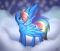 Size: 1024x866 | Tagged: safe, artist:misskitkat2002, derpibooru import, oc, oc:spectrum, pegasus, pony, cloud, male, not rainbow dash, offspring, parent:rainbow dash, parent:soarin', parents:soarindash, solo, stallion