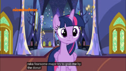 Size: 1366x768 | Tagged: safe, derpibooru import, screencap, twilight sparkle, twilight sparkle (alicorn), alicorn, a rockhoof and a hard place, donut, food, meme, solo, twilight's castle, youtube caption