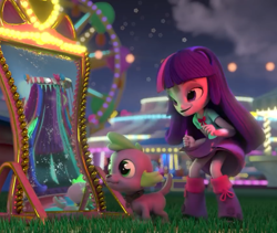 Size: 854x720 | Tagged: safe, derpibooru import, screencap, spike, twilight sparkle, twilight sparkle (alicorn), alicorn, dog, equestria girls, clothes, doll, equestria girls minis, female, fun at the theme park, leg warmers, male, shoes, skirt, spike the dog, toy