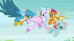 Size: 1280x720 | Tagged: safe, derpibooru import, screencap, gallus, ocellus, silverstream, smolder, changedling, changeling, classical hippogriff, dragon, griffon, hippogriff, school daze, chest fluff, claws, dragoness, female, flying, looking down, male, pointing, wings