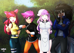 Size: 5000x3571 | Tagged: safe, artist:danmakuman, derpibooru import, apple bloom, scootaloo, sweetie belle, oc, oc:midnight radiance (sixpathspony), human, absurd resolution, anime, clothes, commission, cosplay, costume, crossover, cutie mark crusaders, female, humanized, humanized oc, kunoichi, naruto, ninja, one eye closed, open mouth, pants, shuriken, smiling, wink