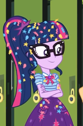Size: 394x592 | Tagged: safe, derpibooru import, screencap, sci-twi, twilight sparkle, best trends forever, best trends forever: pinkie pie, better together, equestria girls, canterlot high, confetti, cropped, crossed arms, female, geode of telekinesis, glasses, lockers, messy hair, ponytail, smiling