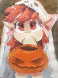 Size: 1536x2048 | Tagged: safe, artist:colorfulcolor233, derpibooru import, apple bloom, earth pony, ghost, pony, female, filly, halloween, holiday, pumpkin bucket, solo, traditional art