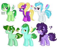 Size: 3456x2880 | Tagged: safe, artist:thecheeseburger, derpibooru import, oc, oc:green bean, earth pony, pegasus, pony, unicorn, banana, braces, clothes, cloud, cloudy, cute, cutie mark, female, food, green hair, group, male, mare, scarf, simple background, smiling, stallion, stars, transparent background