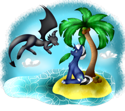 Size: 3600x3200 | Tagged: safe, artist:rayannecuervo, derpibooru import, oc, oc:shabaco, oc:yui, dragon, pony, unicorn, beach, coconut tree, flying, happy, leaf, palm tree, sitting, tree, water