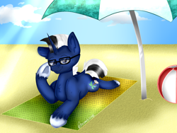 Size: 1600x1200 | Tagged: safe, artist:rayannecuervo, derpibooru import, oc, oc:shabaco, ball, beach, glasses, looking at you, pose, sand, sun, umbrella