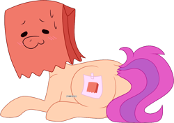 Size: 1012x713 | Tagged: safe, artist:starryeggs, derpibooru import, oc, oc only, oc:paper bag, earth pony, pony, fake cutie mark, female, hidden cutie mark, mare, paper bag, simple background, solo, transparent background