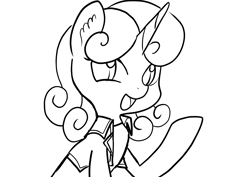 Size: 2631x1860 | Tagged: safe, artist:ladycookie, derpibooru import, oc, oc only, pony, unicorn, black and white, clothes, curly mane, grayscale, hooves, horn, jacket, lineart, looking at you, monochrome, not sweetie belle, open mouth, raised hoof, simple background, smiling, unnamed oc, white background