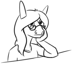 Size: 630x565 | Tagged: safe, artist:tempusfidgets, derpibooru import, oc, oc only, oc:tempus fidgets, anthro, earth pony, black and white, glasses, grayscale, male, monochrome, simple background, solo, thinking, white background