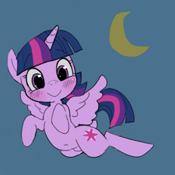 Size: 1000x1000 | Tagged: safe, artist:baigak, derpibooru import, twilight sparkle, twilight sparkle (alicorn), alicorn, pony, belly button, blushing, crescent moon, cute, female, mare, moon, smiling, solo, twiabetes