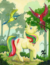 Size: 784x1019 | Tagged: safe, artist:calzephyr, derpibooru import, mimic (g1), bird, parrot, pony, twinkle eyed pony, unicorn, g1, animal, blue-and-yellow macaw, bow, female, flying, macaw, mare, scarlet macaw, solo, spread wings, tail bow, traditional art, wings