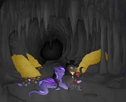 Size: 4512x3666 | Tagged: safe, artist:0silverstardust0, derpibooru import, oc, oc only, oc:flavis, bat pony, changeling, pegasus, pony, bat pony oc, cave, cuddling, female, gold, lying, male, mare