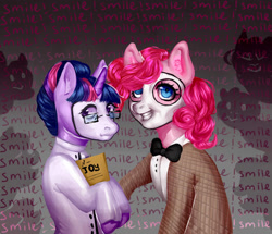 Size: 1024x881 | Tagged: safe, artist:cuteautistic, derpibooru import, pinkie pie, twilight sparkle, earth pony, pony, clothes, crossover, doctor faraday, face paint, uncle jack, we happy few