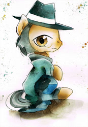 Size: 400x578 | Tagged: safe, artist:mashiromiku, derpibooru import, igneous rock pie, earth pony, pony, clothes, commission, hat, kimono (clothing), sitting, solo, traditional art, watercolor painting