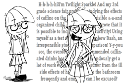 Size: 1500x1000 | Tagged: safe, artist:chopsticks, derpibooru import, twilight sparkle, human, adorkable, braces, caffeine, child, clothes, cute, dialogue, dork, female, for science, monochrome, obscured text, pleated skirt, potty time, school uniform, shivering, shoes, sketch, skirt, sleep deprivation, socks, solo, text, twiabetes