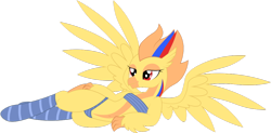 Size: 1024x505 | Tagged: safe, artist:rainbowsurvivor, derpibooru import, oc, oc only, oc:ocean blaze, classical hippogriff, hippogriff, bedroom eyes, bikini, clothes, draw me like one of your french girls, female, hand on hip, lidded eyes, lying down, on side, sexy, simple background, socks, solo, striped socks, swimsuit, transparent background, wings