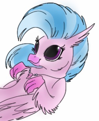 Size: 979x1200 | Tagged: source needed, safe, artist:zigragirl, derpibooru import, silverstream, classical hippogriff, hippogriff, beak, cheek fluff, chest fluff, claws, cute, diastreamies, dilated pupils, ear fluff, female, fluffy, folded wings, jewelry, leg fluff, looking at something, looking up, necklace, needs more jpeg, on back, simple background, smiling, solo, traditional art, white background