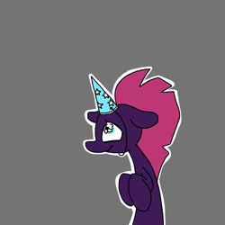 Size: 1280x1280 | Tagged: safe, artist:pencilbrony, derpibooru import, tempest shadow, pony, unicorn, female, floppy ears, hat, hooves to the chest, looking at something, looking up, mare, outline, party hat, simple background, smiling, solo, tempest gets her horn back