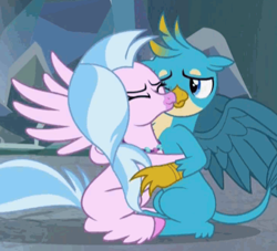 Size: 554x504 | Tagged: safe, derpibooru import, screencap, gallus, silverstream, classical hippogriff, griffon, hippogriff, what lies beneath, birb, cropped, cute, diastreamies, duo, eyes closed, female, gallabetes, hug, male, one eye closed, shipping fuel