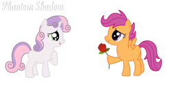 Size: 2700x1400 | Tagged: safe, artist:phantomshadow051, derpibooru import, scootaloo, sweetie belle, pegasus, pony, unicorn, female, flower, lesbian, rose, scootabelle, shipping