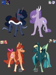 Size: 775x1032 | Tagged: safe, artist:artfestation, derpibooru import, oc, oc only, dracony, earth pony, hybrid, pegasus, pony, unicorn, adoptable, bow, cape, clothes, colored hooves, colored wings, colored wingtips, eye smoke, fangs, female, freckles, gradient legs, gray background, horns, interspecies offspring, male, mare, offspring, parent:big macintosh, parent:dumbbell, parent:fluttershy, parent:king sombra, parent:princess luna, parent:rainbow dash, parent:rarity, parent:spike, parents:dumbdash, parents:fluttermac, parents:lumbra, parents:sparity, simple background, slit eyes, stallion, tail bow