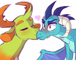 Size: 2500x2000 | Tagged: safe, artist:canisrettmajoris, derpibooru import, dragon lord ember, princess ember, thorax, changedling, changeling, dragon, blushing, dragoness, embrax, eyes closed, female, heart, interspecies, king thorax, kissing, male, shipping, simple background, smiling, straight, tsundember, tsundere, white background
