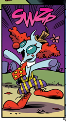 Size: 740x1360 | Tagged: safe, artist:andypriceart, derpibooru import, edit, idw, ocellus, changedling, changeling, spoiler:comic, spoiler:comic71, clothes, clown, clown nose, clown ocellus, clown shoes, costume, cropped, female, happy, hat, necktie, nightmare fuel, nightmare night, nightmare night costume, official comic, pants, smiling, suspenders, top hat, transformation, upscaled, waifu2x